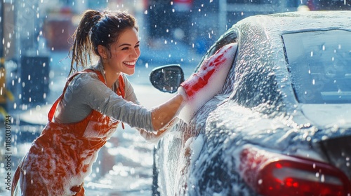 girl with a beautiful smile washes a car at a car wash