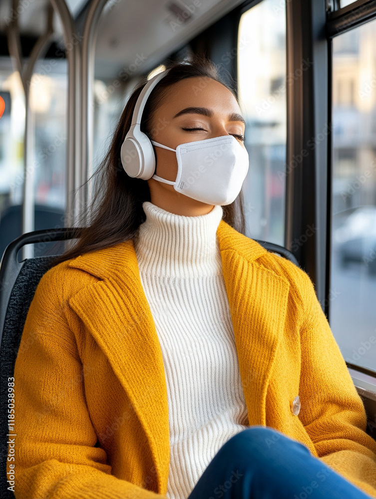 Young woman enjoys music while commuting on bus