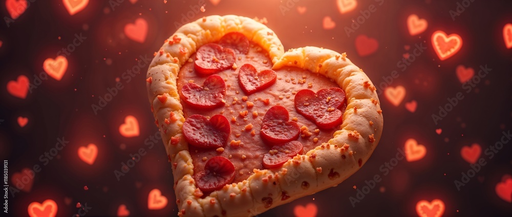 Fototapeta premium A heart-shaped pizza, topped with pepperoni hearts, floats amidst a background of blurry red hearts. A romantic Valentine's Day meal in a warmly lit setting