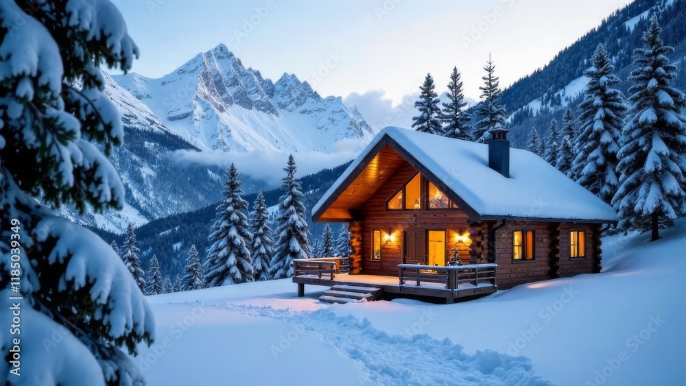 Cozy wooden chalet glowing softly, surrounded by snow-draped pine forest, towering mountains silhouetted against twilight winter sky, embodying alpine tranquility Cozy wooden chalet glowing softly, surrounded by snow-draped pine forest, towering mountains silhouetted against twilight winter sky, embodying alpine tranquility