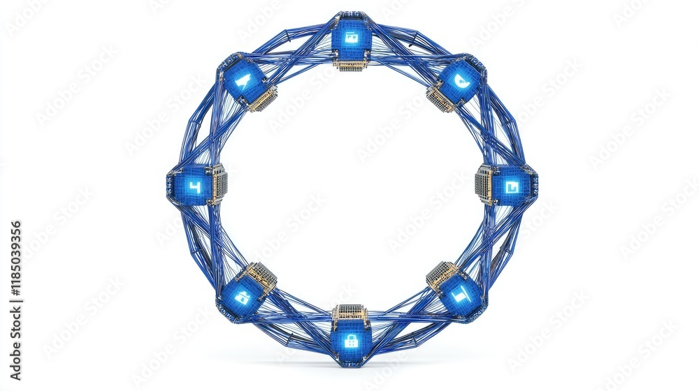 A futuristic circular structure with glowing blue icons, suggesting a technology or digital interface. A futuristic circular structure with glowing blue icons, suggesting a technology or digital interface.