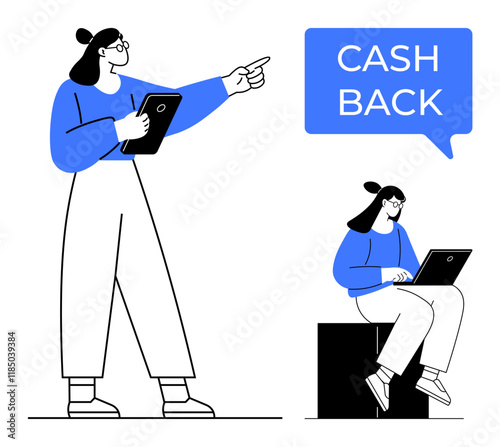 Woman holding a tablet and pointing, another woman sitting with a laptop, speech bubble with cashback offer. Ideal for business, finance, marketing, online shopping, rewards, ecommerce customer