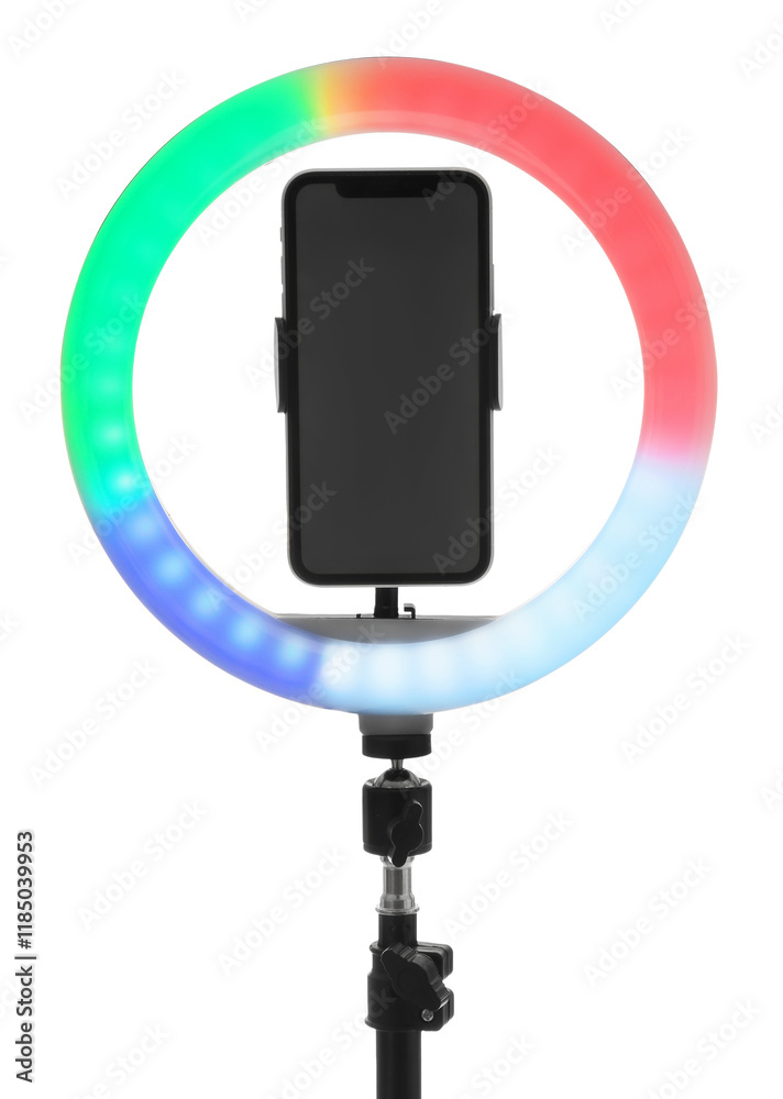 Tripod with ring light and smartphone isolated on white