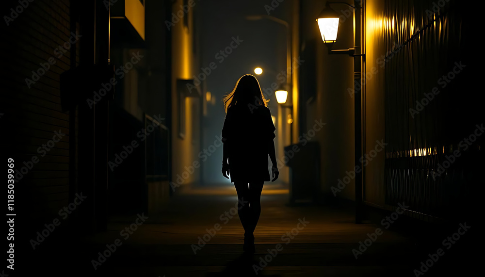 Silhouette of a young woman walking home alone at night narrow street, scared of stalker and being assault , insecurity concept. Silhouette of a young woman walking home alone at night narrow street, scared of stalker and being assault , insecurity concept.