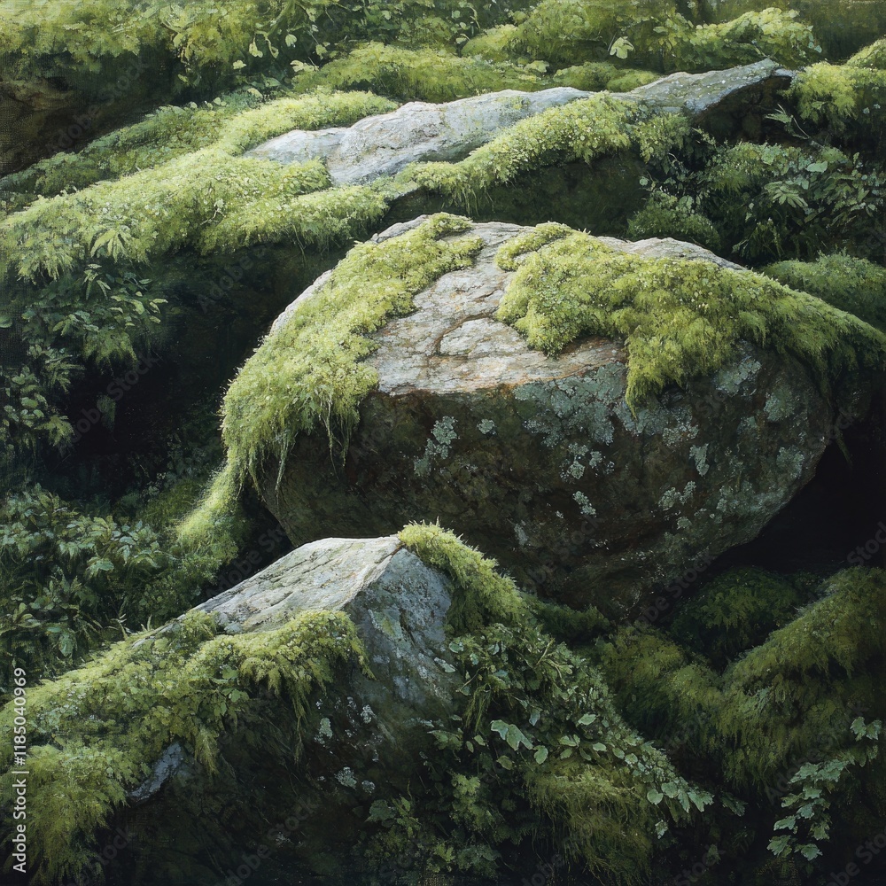 A rock covered in moss and green plants A rock covered in moss and green plants