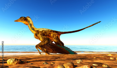 Fototapeta Naklejka Na Ścianę i Meble -  Archaeopteryx on the Beach - Archaeopteryx is known as the earliest bird and was a bridge species between dinosaurs and modern birds.