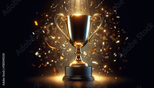 Golden trophy cup, glowing particles, sparkles, dark background, dramatic lighting, achievement, victory, celebration, spotlight effect, shimmering atmosphere, competition award, inspirational, majest photo