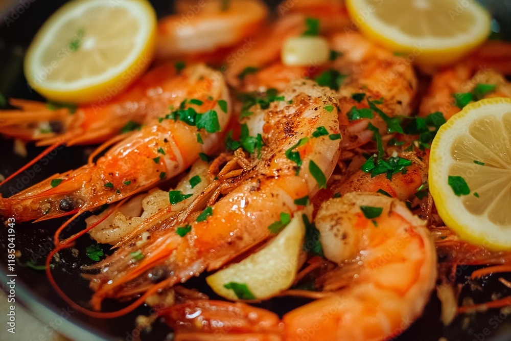 Succulent shrimp garnished with lemon and fresh herbs ready to delight seafood lovers Succulent shrimp garnished with lemon and fresh herbs ready to delight seafood lovers