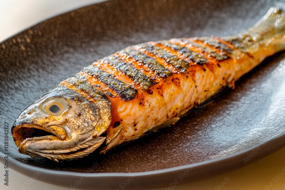 Grilled whole fish served elegantly on a textured plate with a warm ambiance Grilled whole fish served elegantly on a textured plate with a warm ambiance