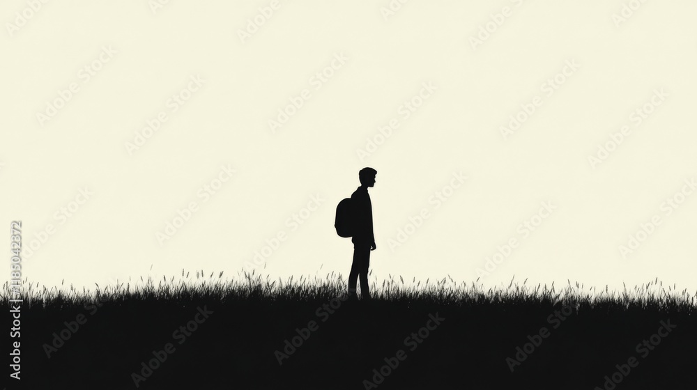 Silhouette of a person with a backpack standing in a field of grass under a pale sky. Silhouette of a person with a backpack standing in a field of grass under a pale sky.