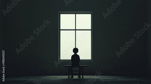 Silhouetted child sits alone on bench, gazing at bright window in dark room.