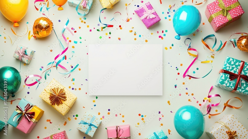 A festive scene featuring colorful balloons, gifts, and confetti, perfect for a celebration or party invitation. A festive scene featuring colorful balloons, gifts, and confetti, perfect for a celebration or party invitation.