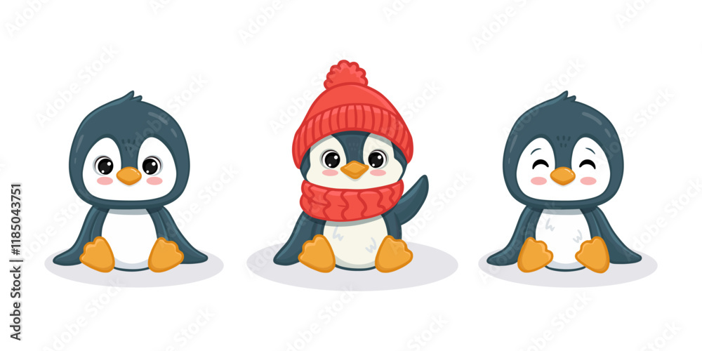 Fototapeta premium set of cute cartoon penguins isolated on white. Illustration in flat style for christmas card. Funny penguin in hat. Vector illustration.