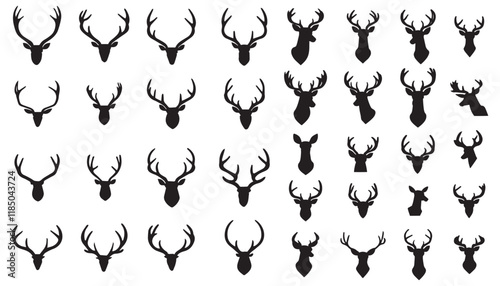 Deer antlers elk silhouettes collection in black color. Clip art of reindeer stag head symbols.