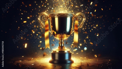 Golden trophy cup, glowing particles, sparkles, dark background, dramatic lighting, achievement, victory, celebration, spotlight effect, shimmering atmosphere, competition award, inspirational, majest photo