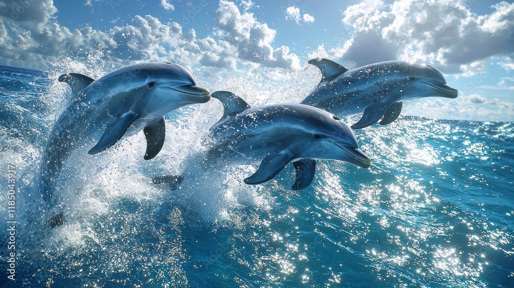 Fototapeta premium In a vibrant display, a pod of dolphins leaps joyfully above the shimmering ocean surface, capturing the magic of a sunny day filled with adventure and life
