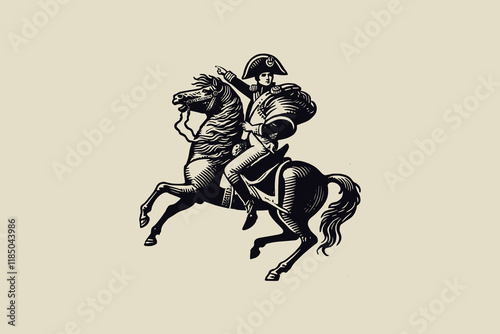 Vintage black engraving of Napoleon on a horse, beige background