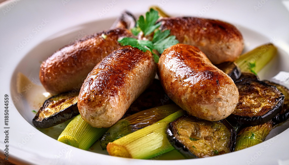 Grilled German sausages with eggplant and parsley on a plate. close up. Grilled German sausages with eggplant and parsley on a plate. close up.
