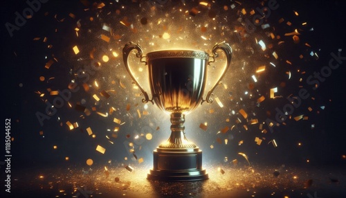 Golden trophy cup, glowing particles, sparkles, dark background, dramatic lighting, achievement, victory, celebration, spotlight effect, shimmering atmosphere, competition award, inspirational, majest photo