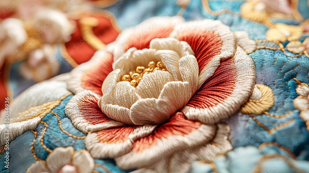 Naklejka premium Intricate floral embroidery showcasing skillful craftsmanship on fabric in a vibrant design