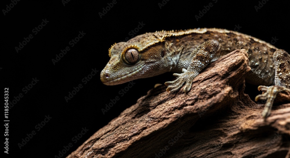 Close-up of a gecko resting on a textured wooden branch