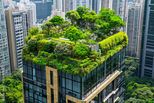 Green rooftop garden on modern building in urban setting photo