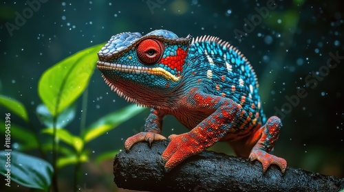 Colorful chameleon perched on a branch in the rainforest photo