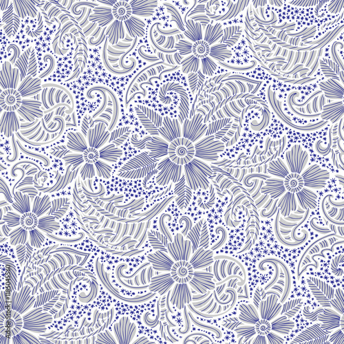 Paisley floral pattern, blue and white colors. Seamless floral pattern-570.