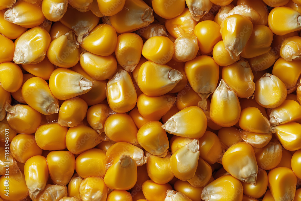 Bright yellow corn kernels arranged closely together, showcasing their glossy texture and natural luster, suitable for various food products and fairtrade initiatives Bright yellow corn kernels arranged closely together, showcasing their glossy texture and natural luster, suitable for various food products and fairtrade initiatives