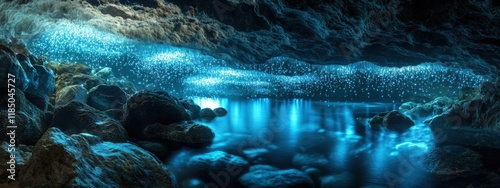 A surreal view of the underwater caves and bioluminescent organisms in the Puerto Rican Bay, Bioluminescence scene, Surreal style photo