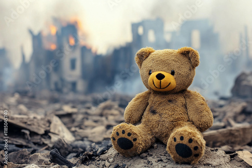 Cuddly teddy bear sits amid destruction in a war-torn area photo