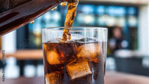 Refreshing iced beverage being poured into a glass filled with ice cubes, capturing the essence of summer relaxation. photo