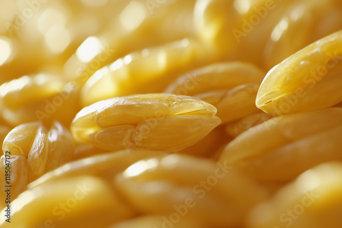 Bright yellow wheat grains with smooth texture suitable for various culinary uses and fairtrade products in an agricultural setting