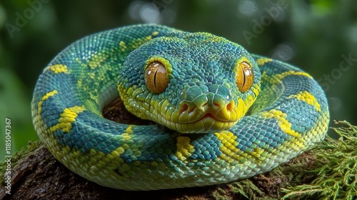 Green tree python resting on a branch in the rainforest photo