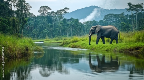 Elephant walking along river in lush green rainforest photo