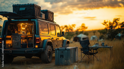 Off-Road Camping Gear with Shovel and Storage Boxes photo