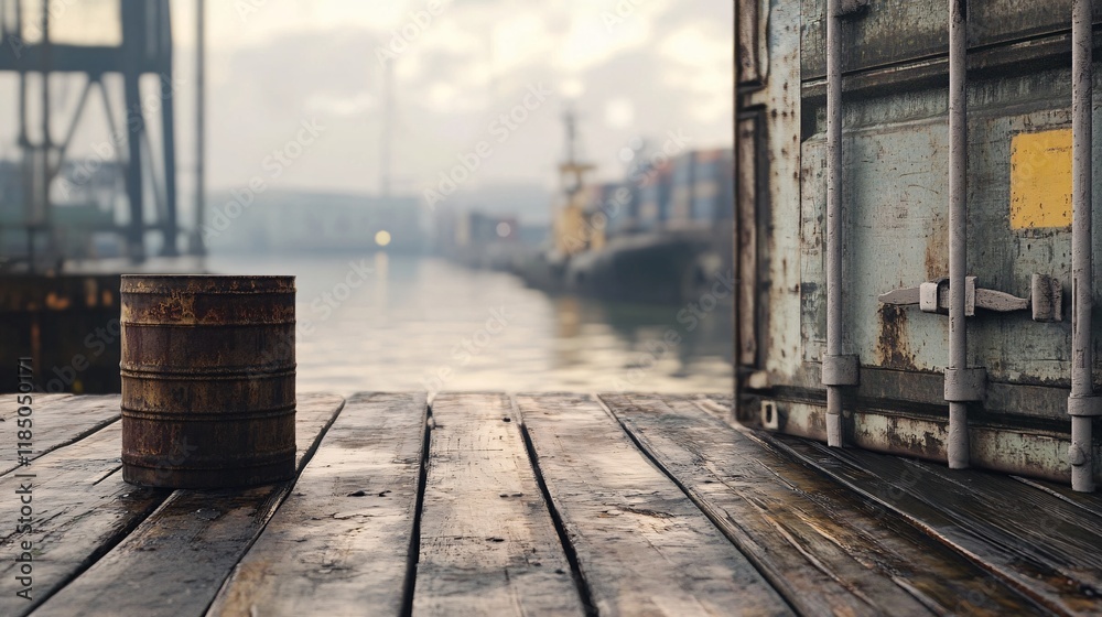 Obraz premium Rusty can and shipping container on a wharf at a port with cranes and ships