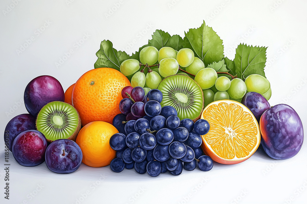 A colorful spread of fresh fruits like plums, oranges, grapes, and kiwis, offering a vibrant and healthy selection, perfect for a refreshing treat A colorful spread of fresh fruits like plums, oranges, grapes, and kiwis, offering a vibrant and healthy selection, perfect for a refreshing treat