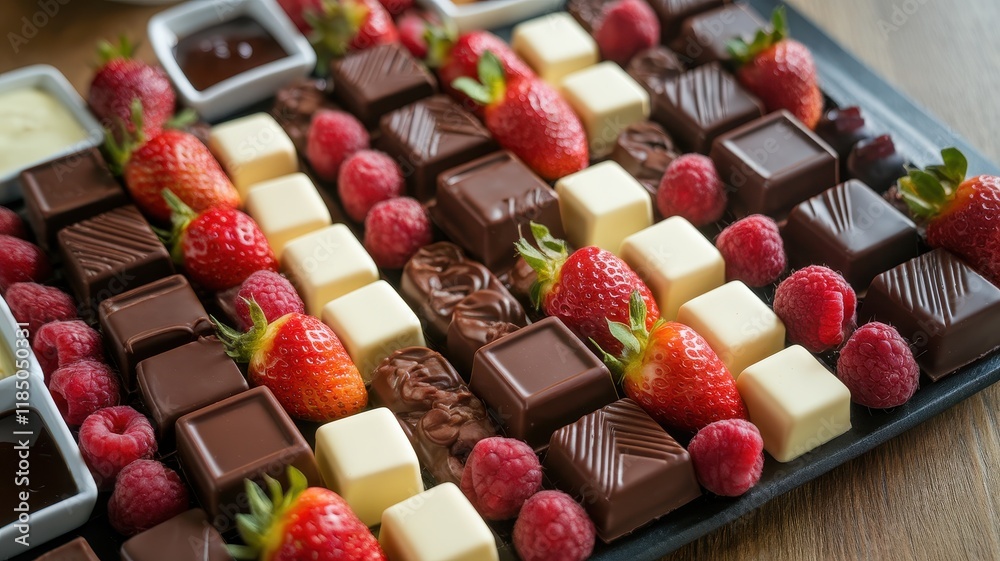 An enticing display of assorted chocolates and fresh strawberries, perfect for dessert lovers or special occasions. An enticing display of assorted chocolates and fresh strawberries, perfect for dessert lovers or special occasions.