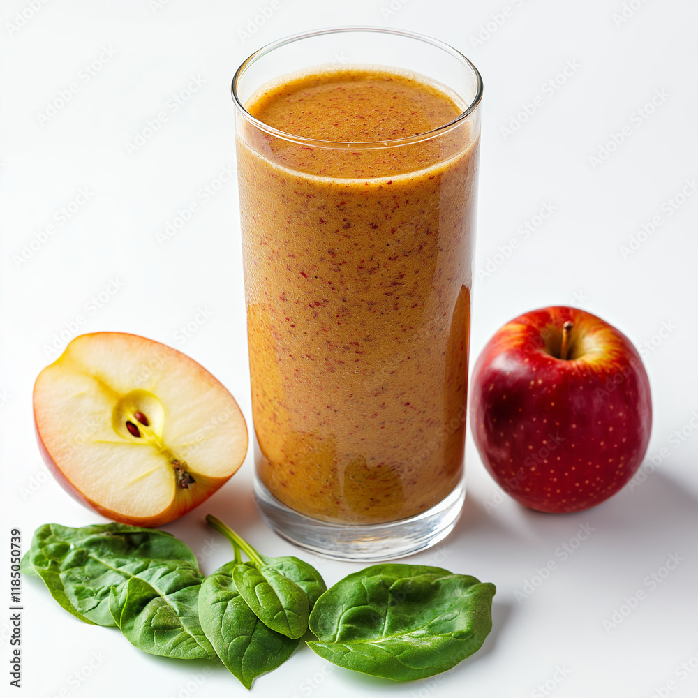 A refreshing apple spinach smoothie presented in a glass with fresh apple slices and spinach leaves, offering a natural and energizing drink A refreshing apple spinach smoothie presented in a glass with fresh apple slices and spinach leaves, offering a natural and energizing drink