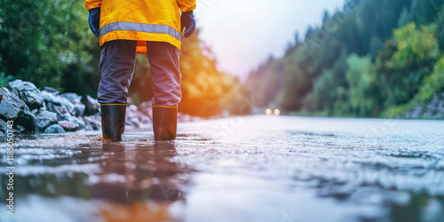 A road worker in uniform against an empty road. Council worker, floodwater over road  photo