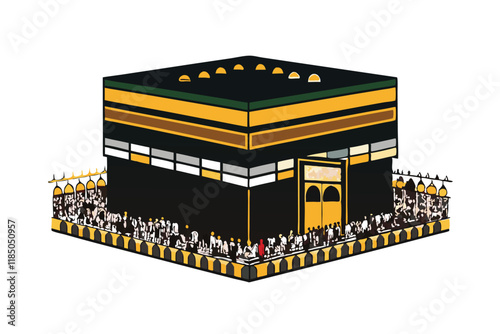 The Kaaba in Mecca illustrated with intricate details, depicting the holy site surrounded by worshippers performing Islamic rituals