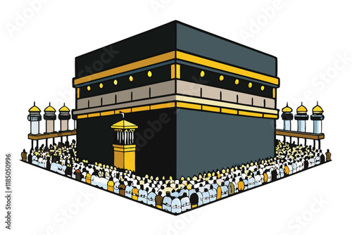 Vector illustration of the Kaaba surrounded by worshippers during Hajj pilgrimage, showcasing Islamic spirituality and sacred architecture