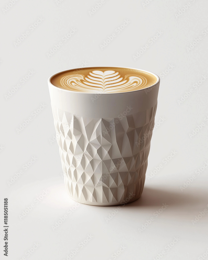 A stylish latte presented in a textured geometric ceramic cup, featuring delicate latte art, showcasing modern coffee design and sophisticated presentation