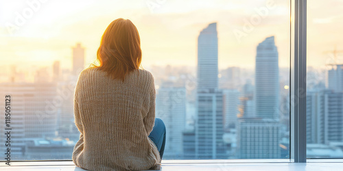 A woman in home clothes sits on a windowsill in an apartment and looks out the window at a modern city with skyscrapers