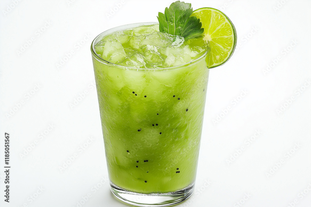 Refreshing kiwi lime smoothie in a clear glass, garnished with fresh lime slices and mint, a zesty and cooling drink perfect for summer-themed visuals Refreshing kiwi lime smoothie in a clear glass, garnished with fresh lime slices and mint, a zesty and cooling drink perfect for summer-themed visuals