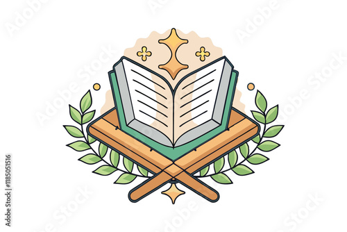Artistic depiction of the Quran on a stand with ornate details and beads, highlighting faith, culture, and Ramadan Islamic celebrations photo