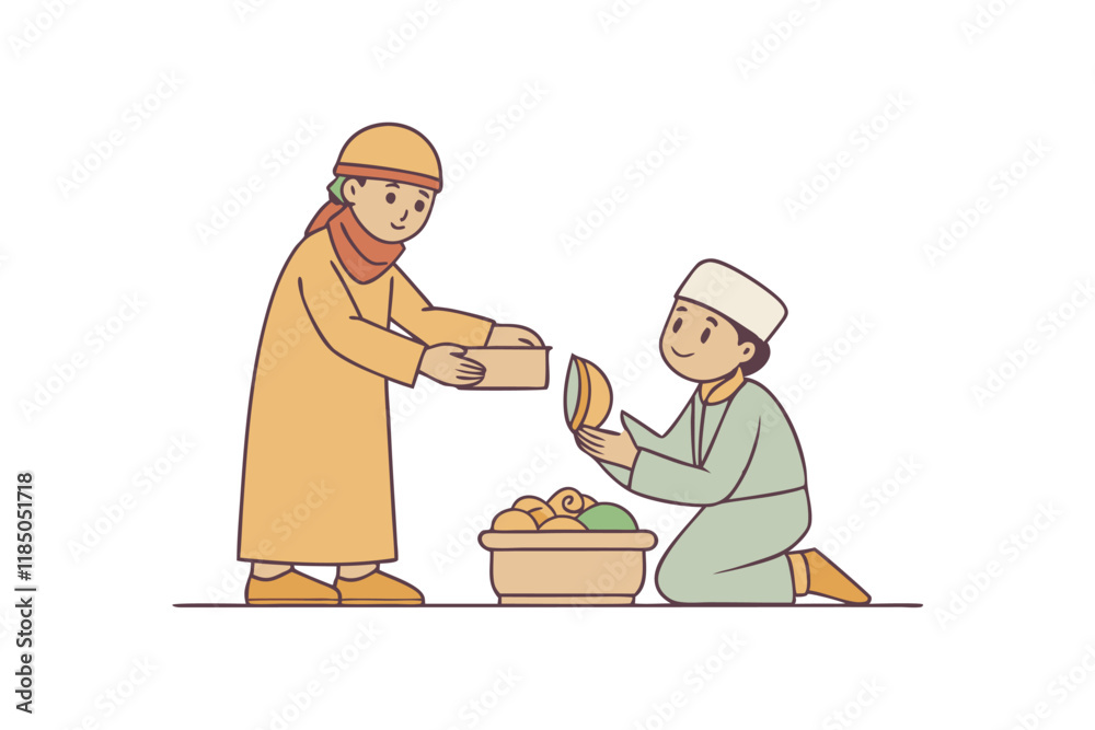 Muslim man sharing food with a kneeling individual, illustrating charity, empathy, and community spirit in a Ramadan Islamic context Muslim man sharing food with a kneeling individual, illustrating charity, empathy, and community spirit in a Ramadan Islamic context