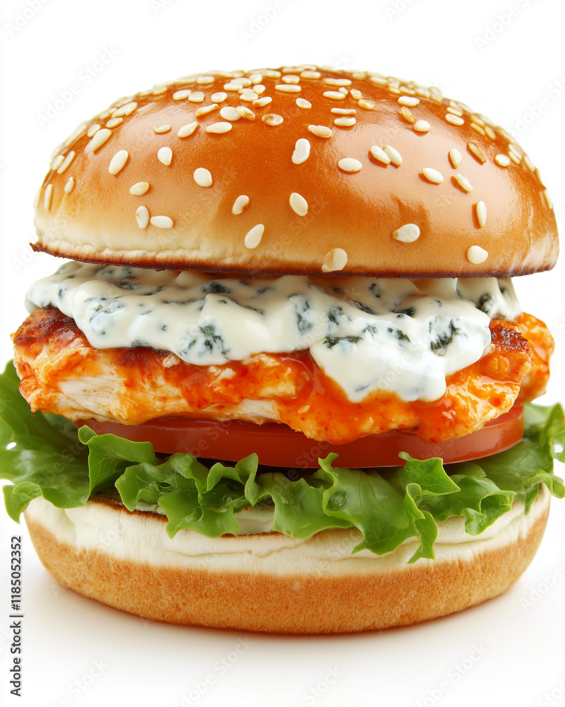 Buffalo chicken burger topped with ranch dressing and lettuce, served on a sesame seed bun, ideal for spicy food visuals Buffalo chicken burger topped with ranch dressing and lettuce, served on a sesame seed bun, ideal for spicy food visuals