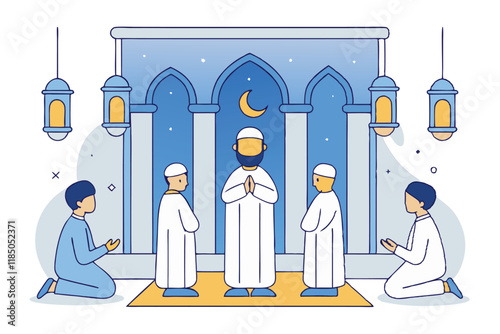 Worshippers praying in unison in a mosque under the crescent moon, representing devotion, unity, and Ramadan Islamic spiritual practices